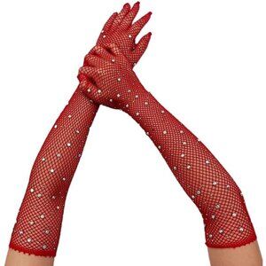 Women's A-Mesh-‌Red Rhinestone Sparkly Elbow Length Gloves Halloween Costumes